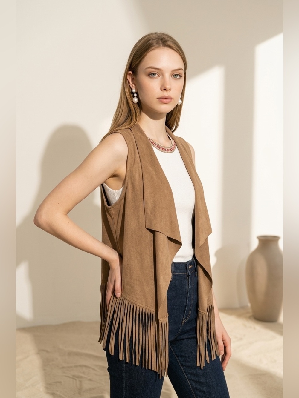 Kandy Kiss Women's Taupe Faux Suede Fringe Open Front Vest